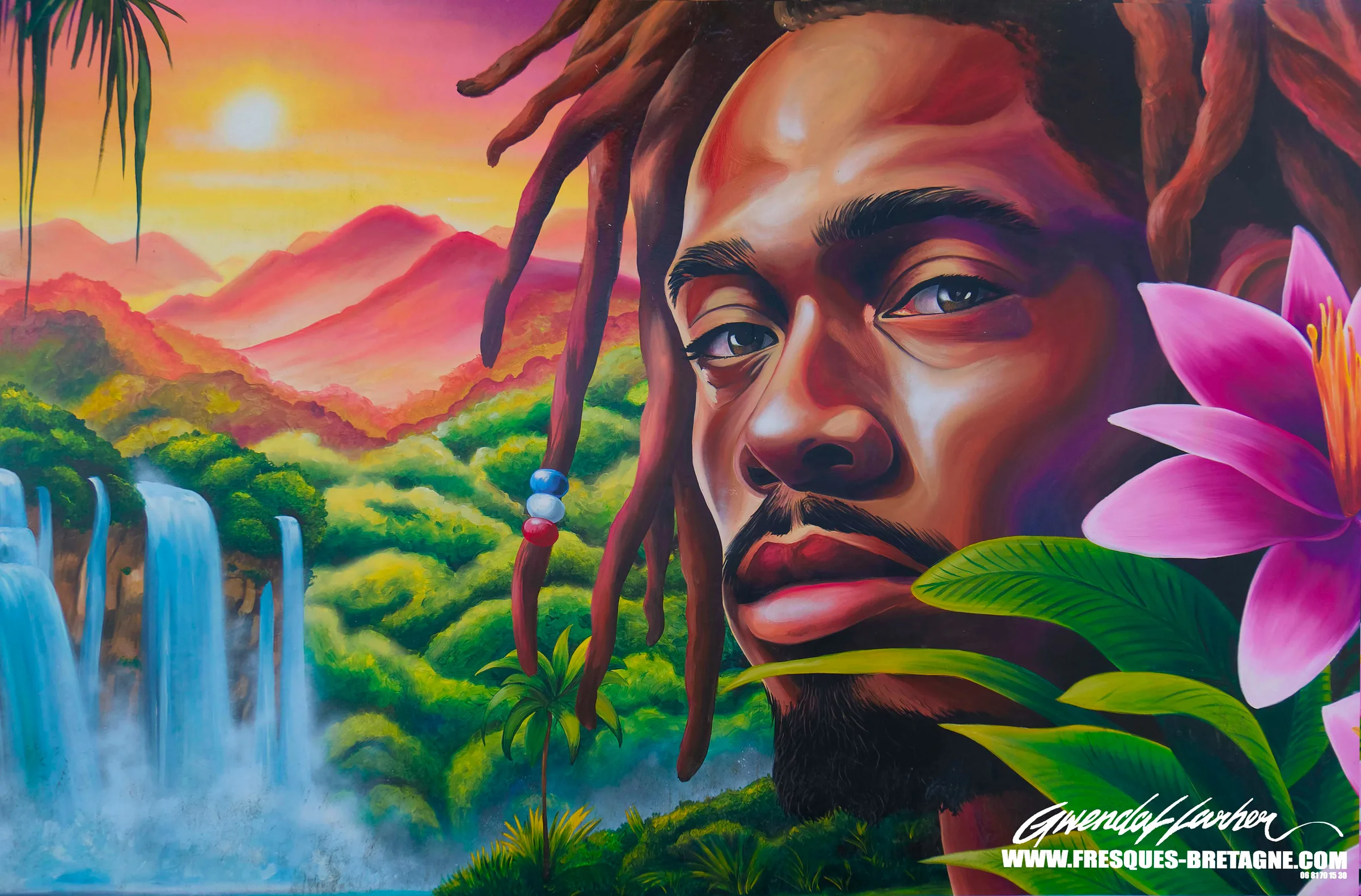 Fresque street art moderne, détail d'un portrait peint pour le lycée de Pleyben